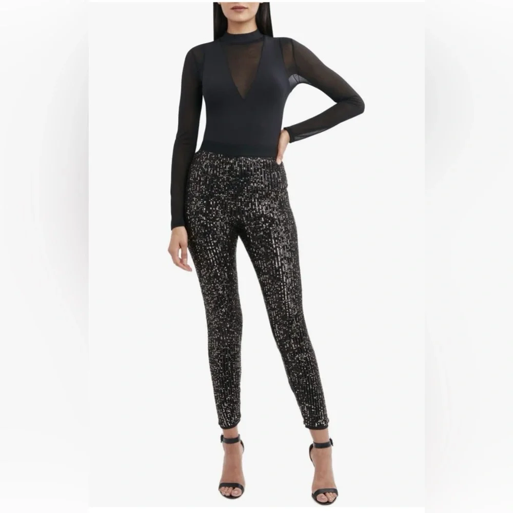BCBGMAXAZRIA 2UX7P13 Gunmetal  High Waisted Sequin Leggings NWT